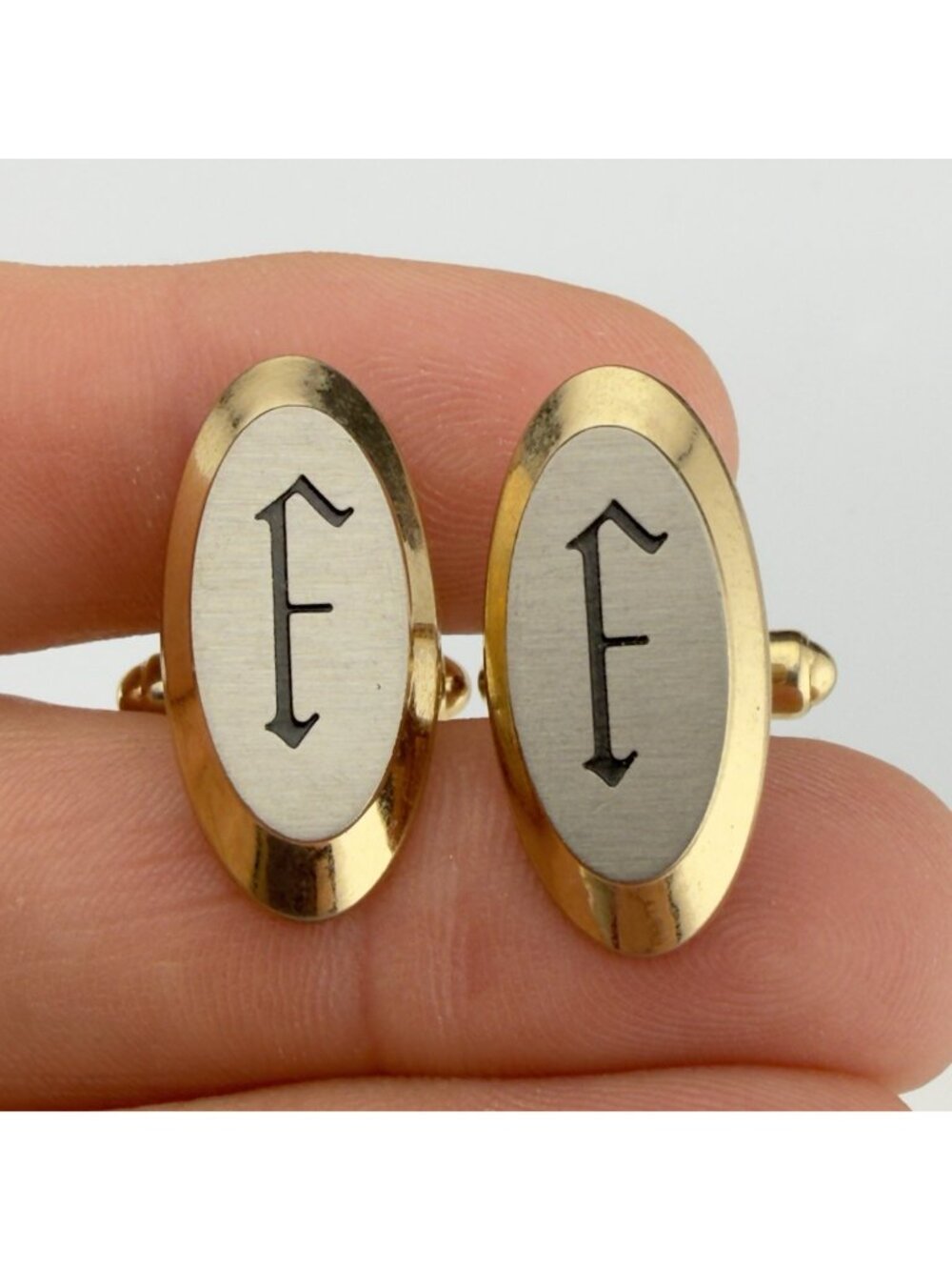 Vintage Hickok Cufflinks Monogrammed F Gold Tone Brushed Silver Formal Wedding